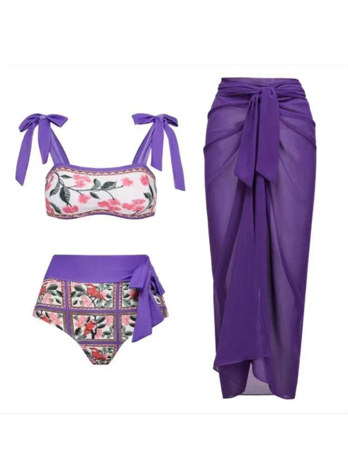 Declan Printed Bikini Three Piece Set In Purple