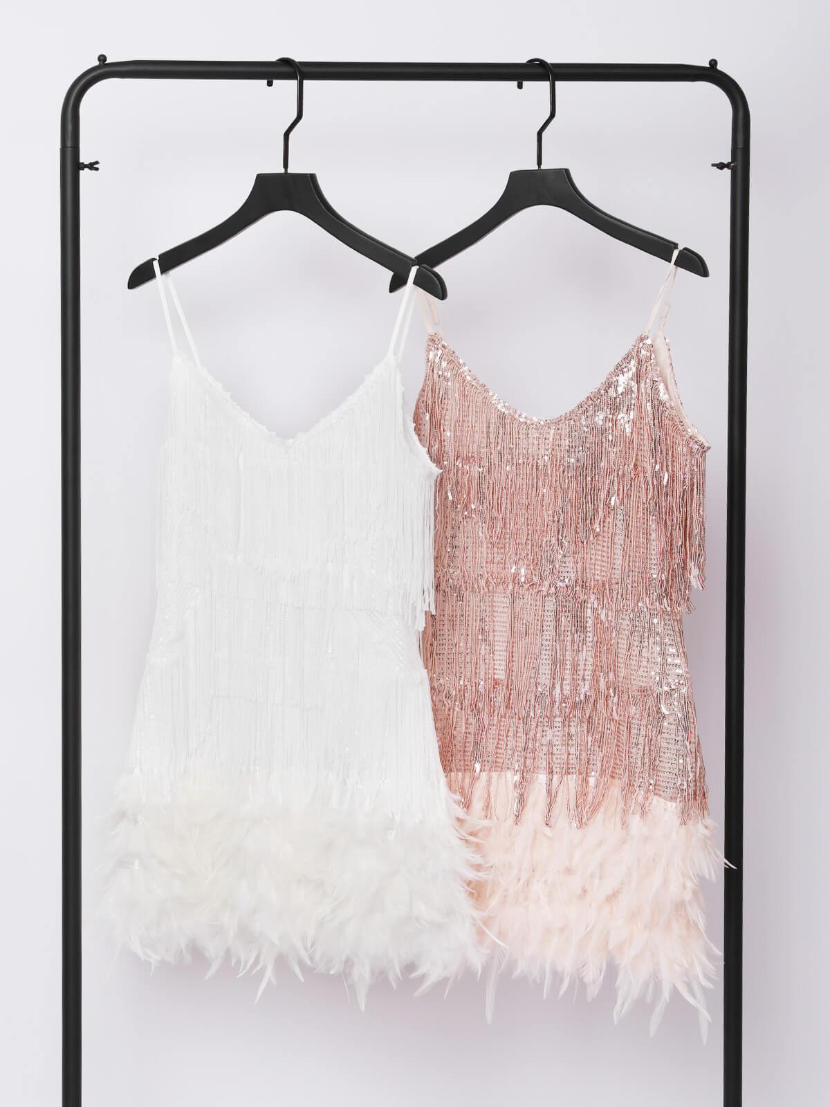 Austyn Tassel Feather Mini Dress In White - Mew Mews Fashion