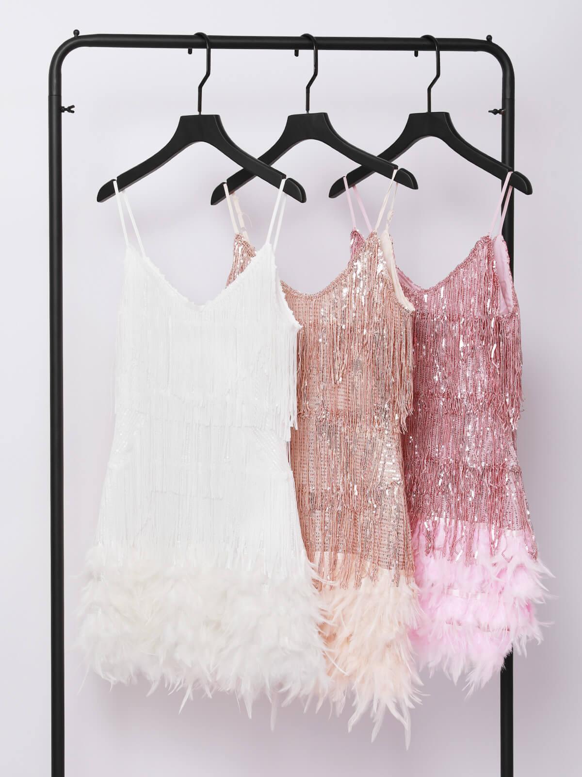 Austyn Tassel Feather Mini Dress In Champagne - Mew Mews Fashion