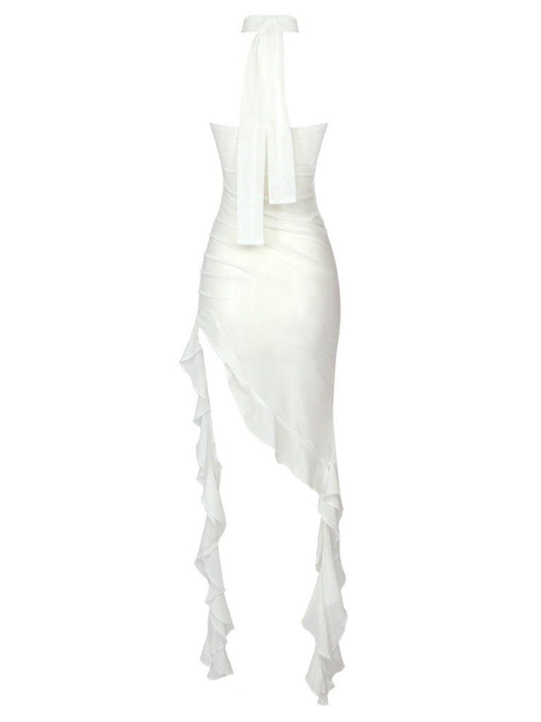 Berry Ruffle Flower Mesh Dress In White With Choker
