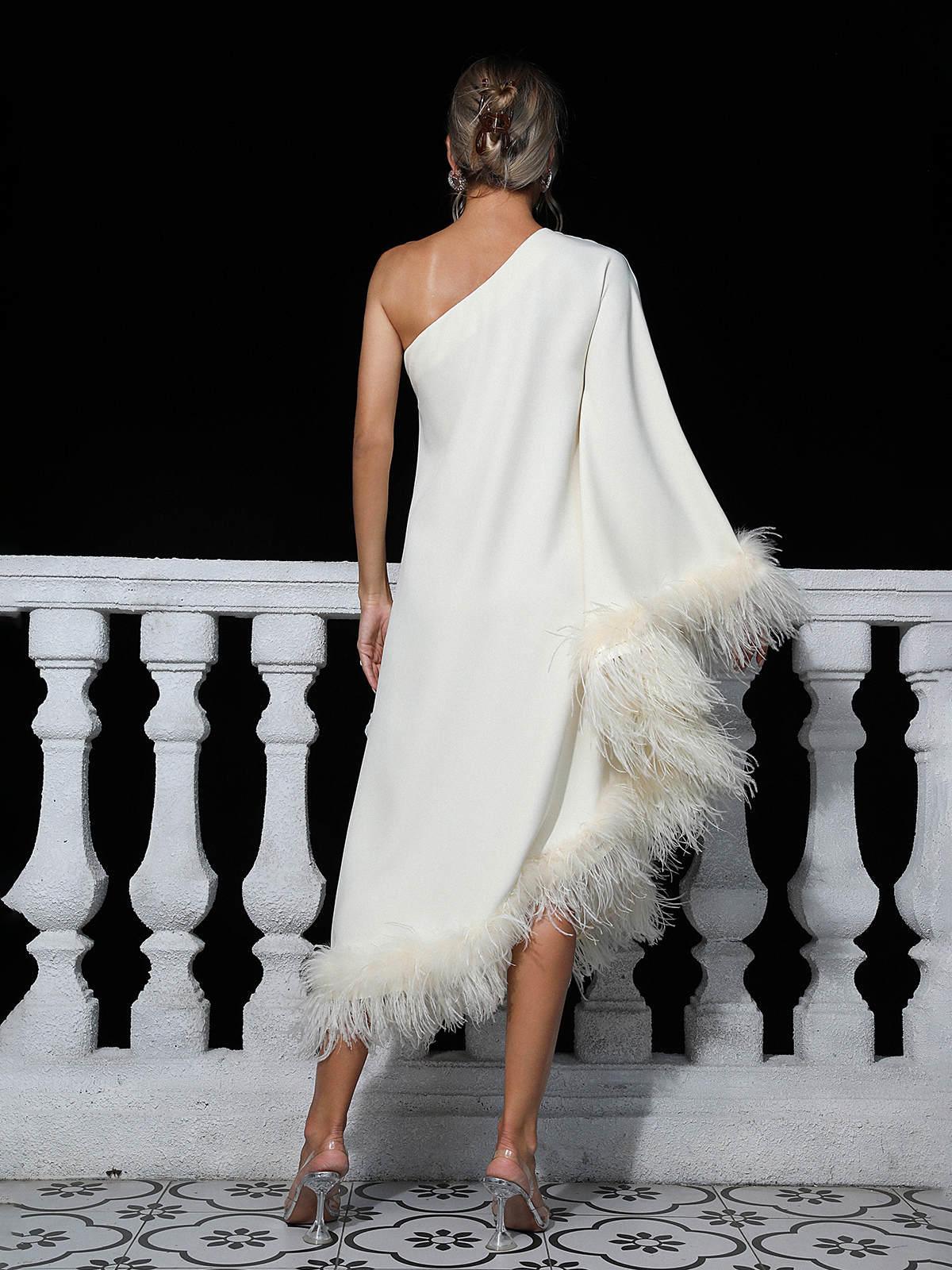 Ceridwen One Shoulder Feather Trimmed Maxi Dress In White - Mew Mews Fashion