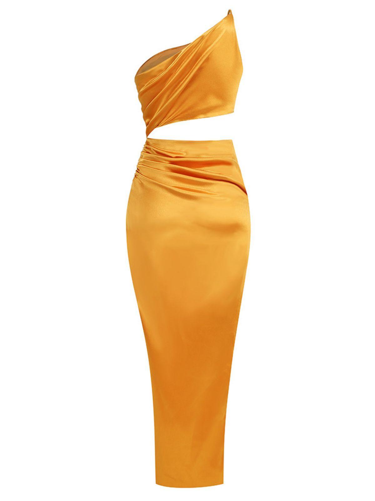 Chara One Shoulder Cutout Maxi Dress In Gold - Mew Mews Fashion