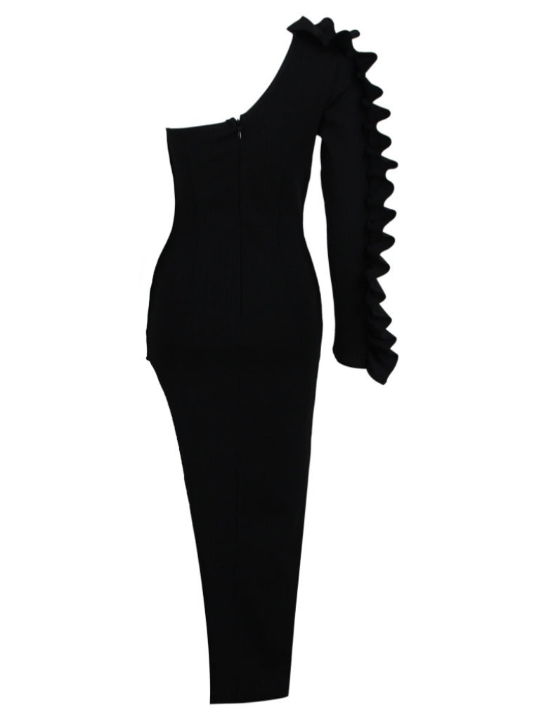 Cliet One Shoulder Ruffle Asymmetric Knit Dress