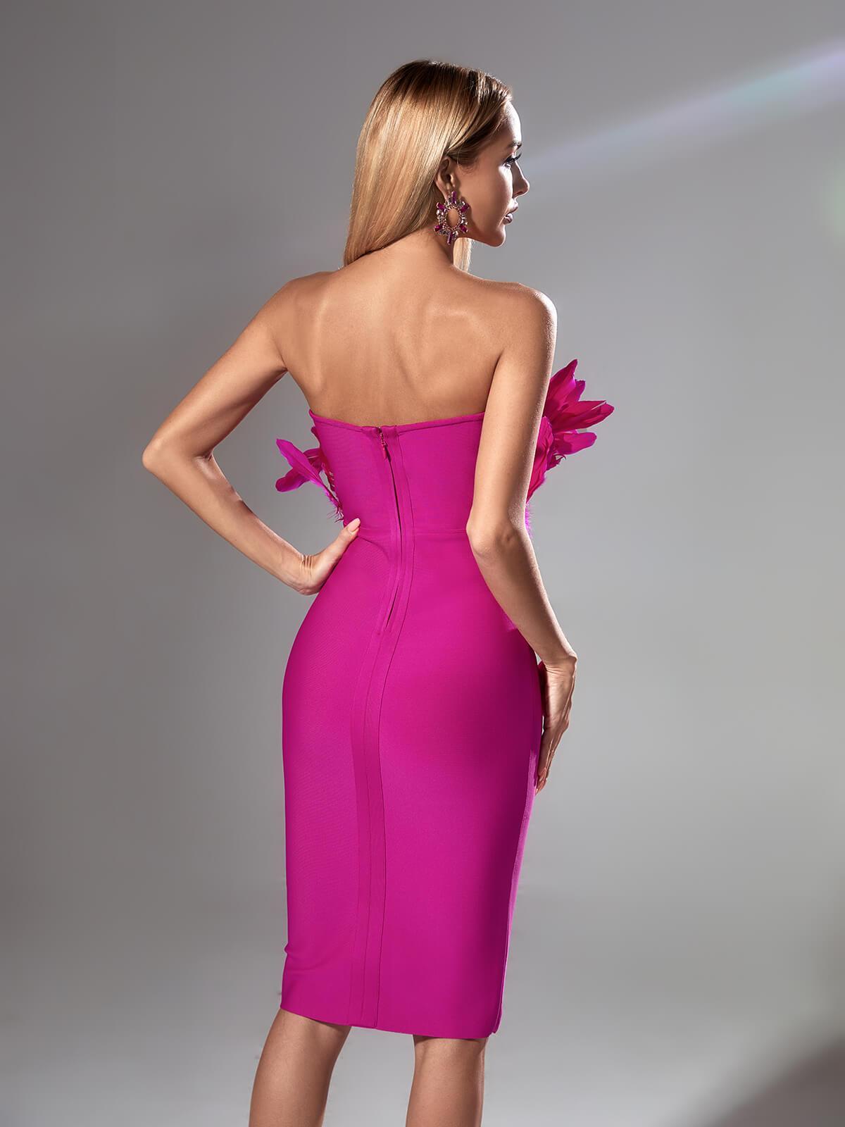 Darby Strapless Feather Bandage Dress In Hot Pink - Mew Mews Fashion