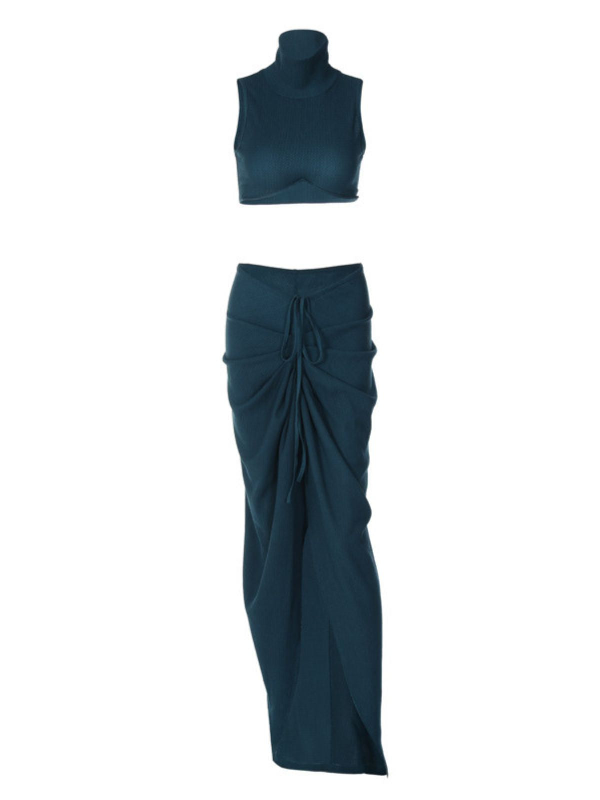 Donella High Neck Split Skirt Set In Teal