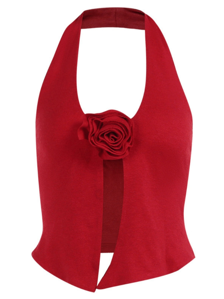 Esadora Halterneck Flower Top In Red
