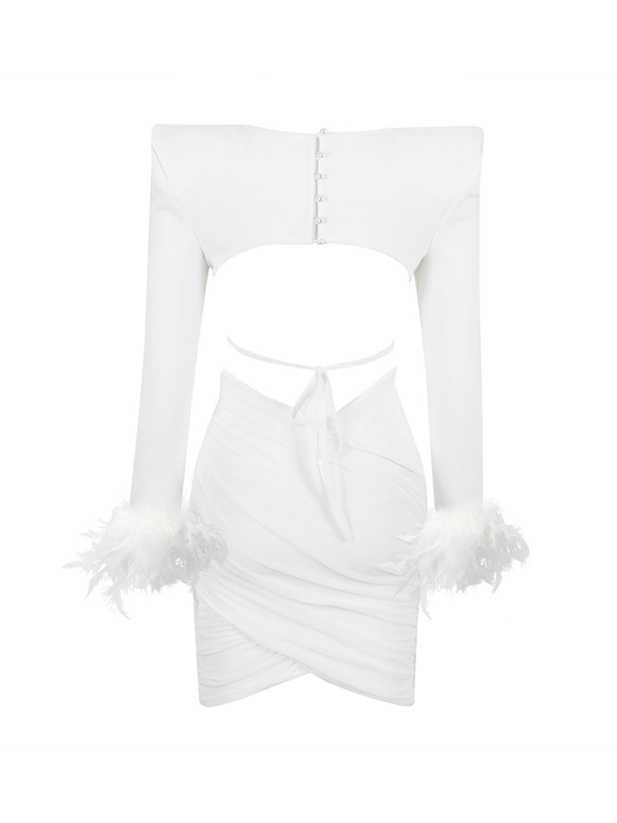 Fauna Long Sleeve Feather Mesh Bandage Set In White - Mew Mews Fashion