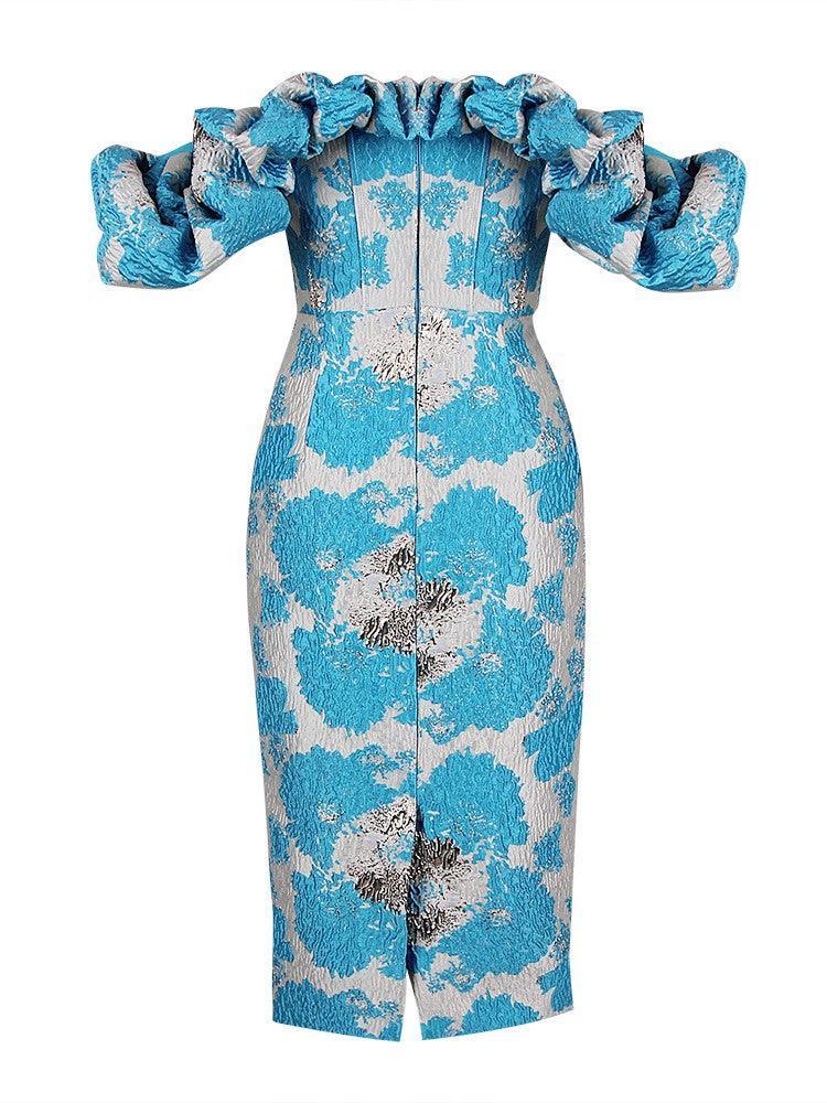 Giselle Jacquard Off Shoulder Midi Dress In Blue - Mew Mews Fashion