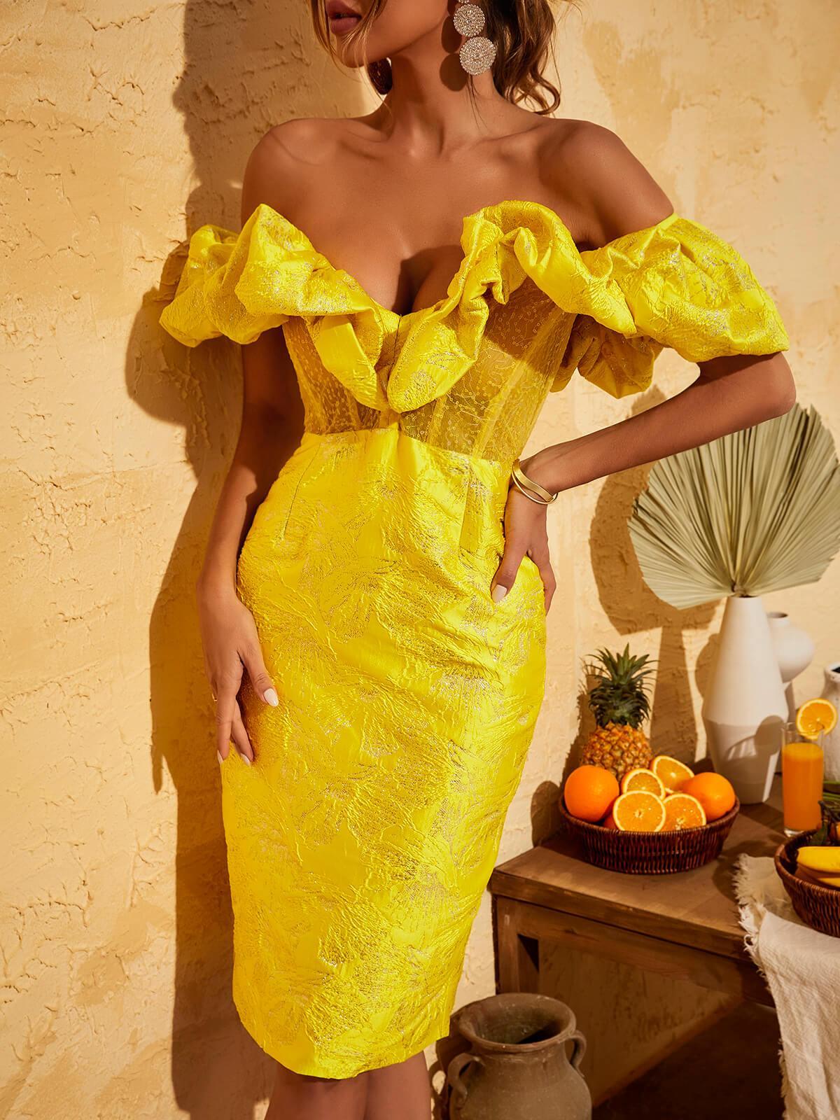 Giselle Jacquard Off Shoulder Midi Dress In Yellow - Mew Mews Fashion
