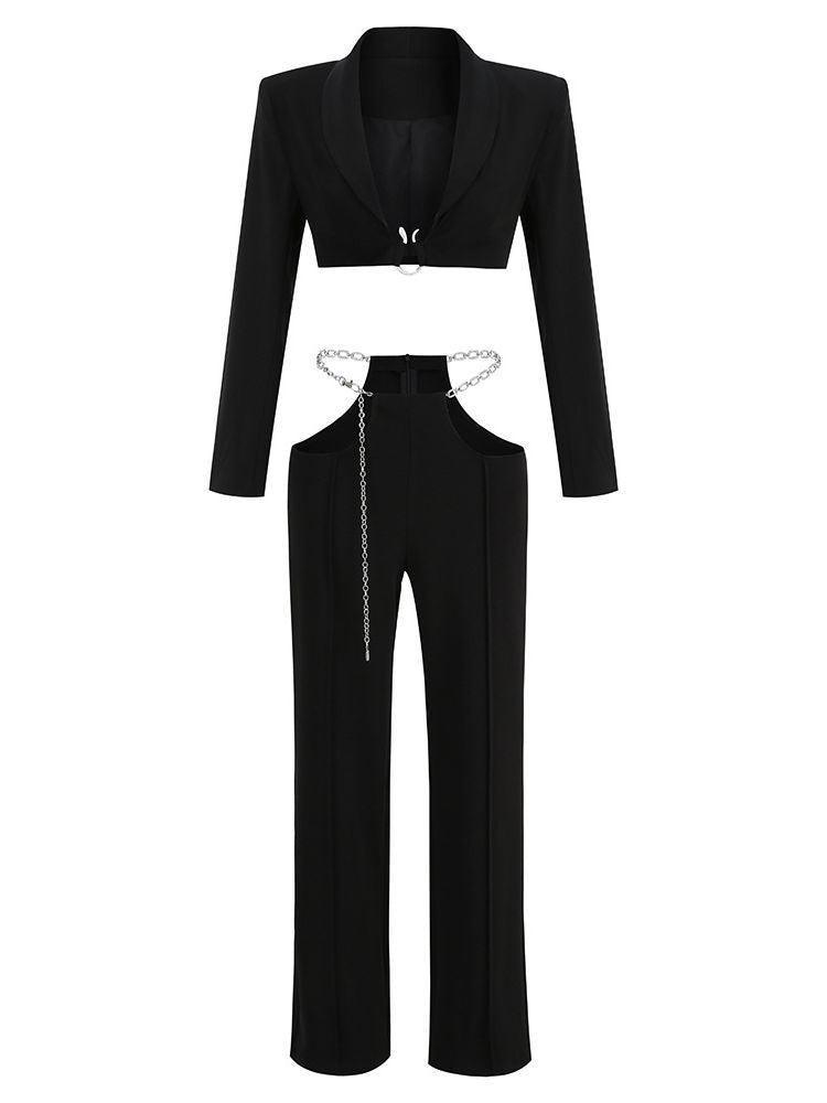 Gwyneth Plunge Chain Cutout Blazer Set In Black - Mew Mews Fashion