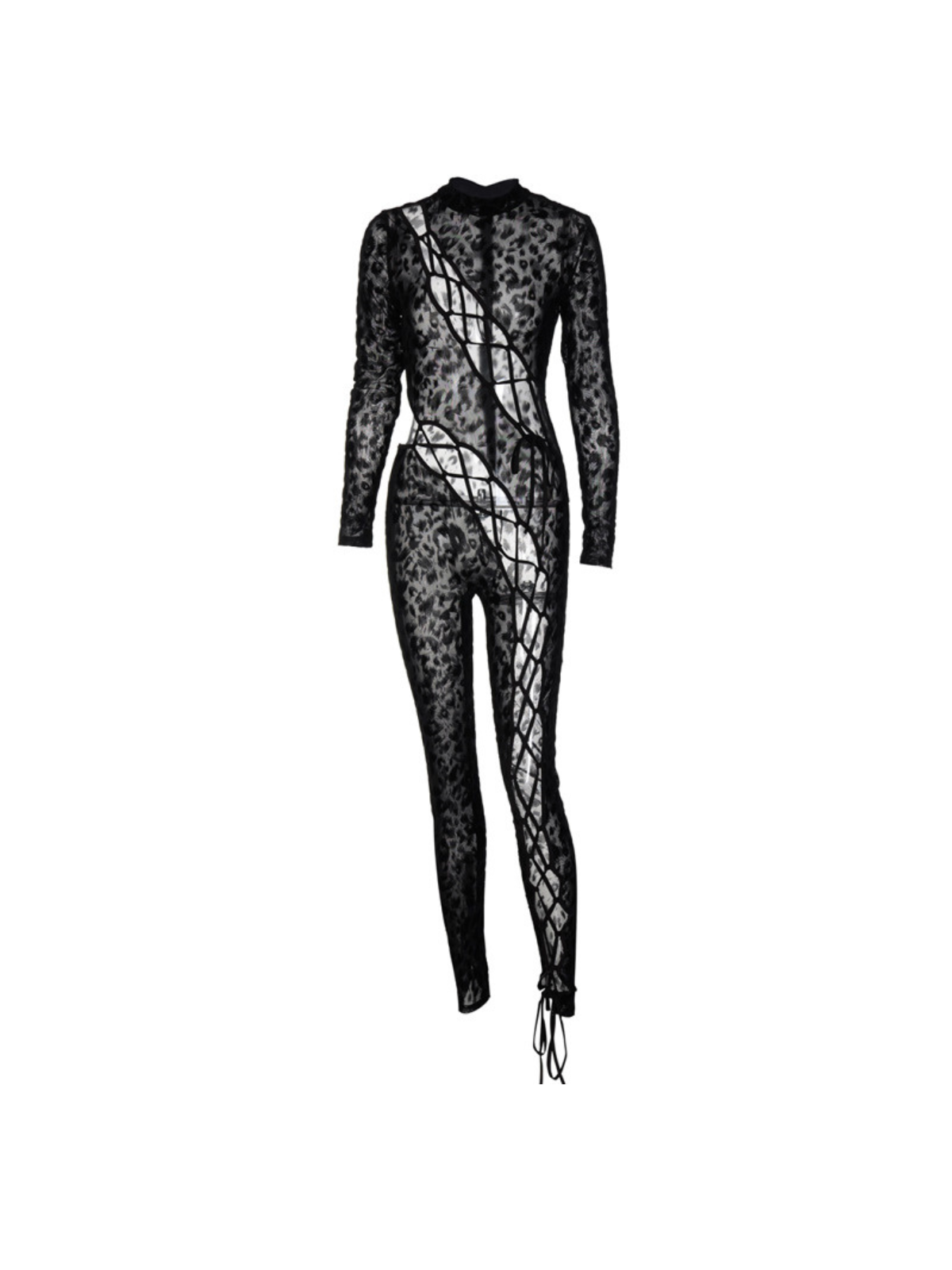 Bopo Lace Up Leopard Printed Mesh Jumpsuit