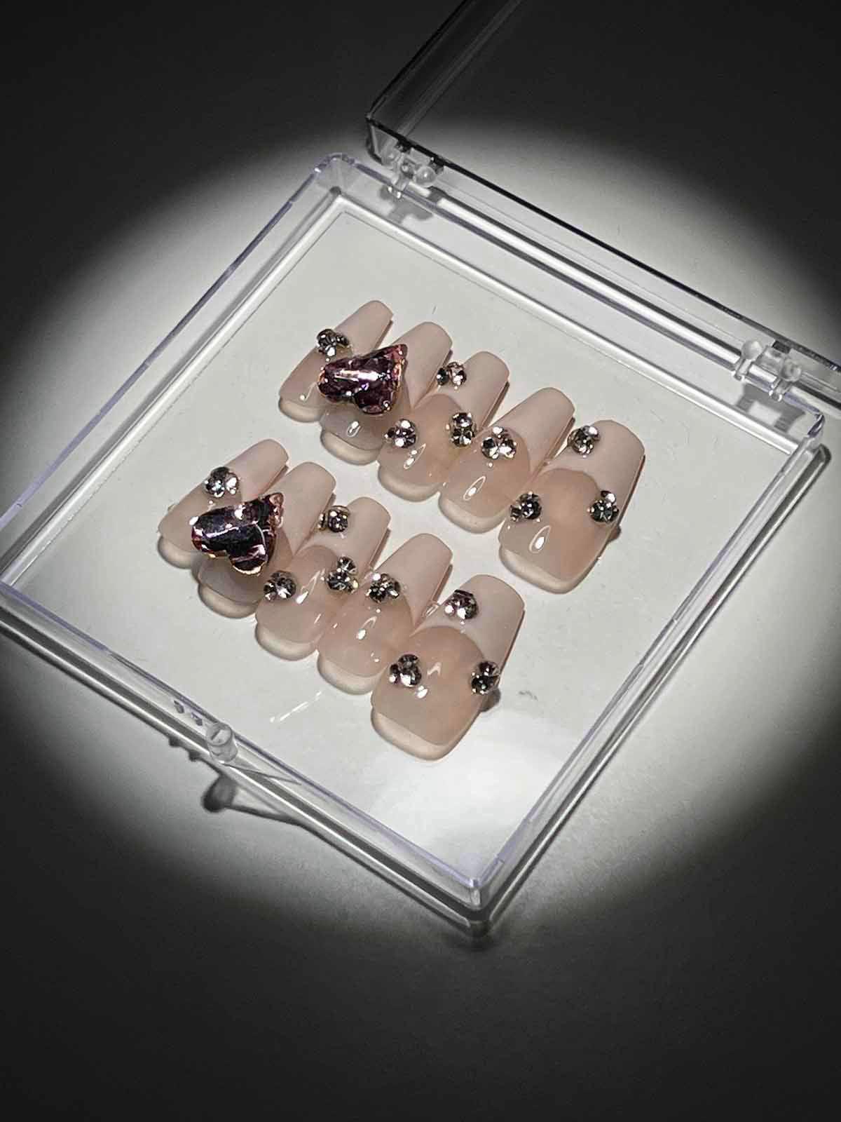 Heart Crystal Pink French Press On Nails - Mew Mews Fashion