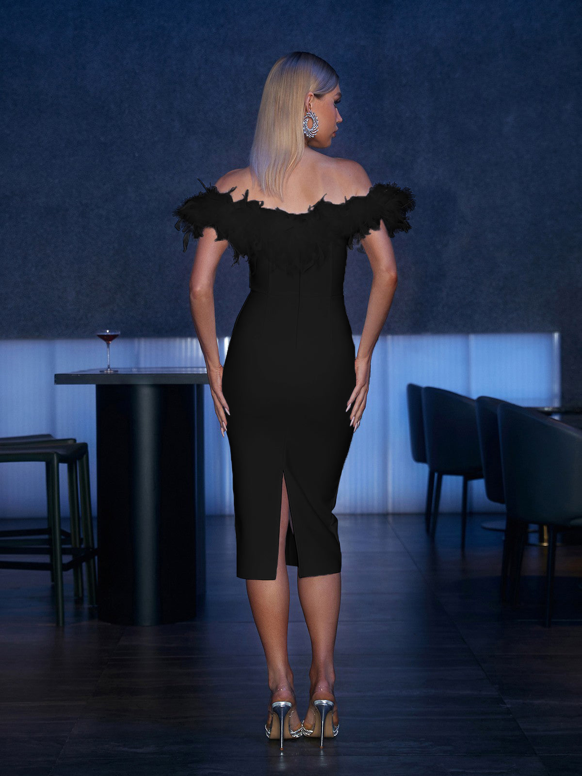 Major Off Shoulder Feather Bandage Dress In Black