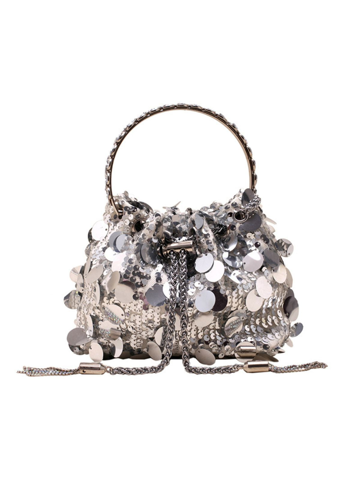 Mattea Embellished Sequin Disc Bucket Bag In Silver