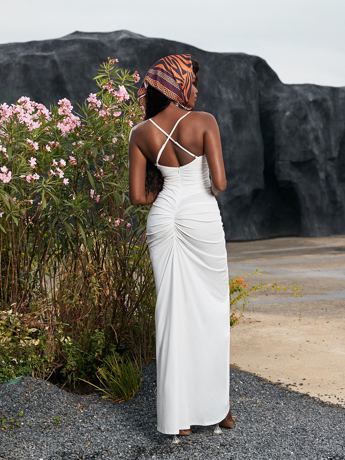 Maurice Flower V Neck Ruched Dress In White