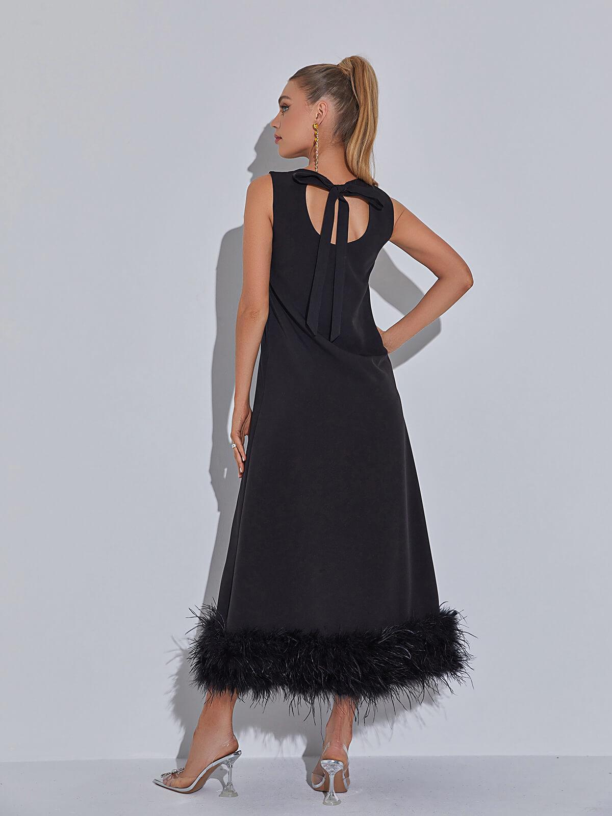 Nisha Feather Midi Dress In Black - Mew Mews Fashion