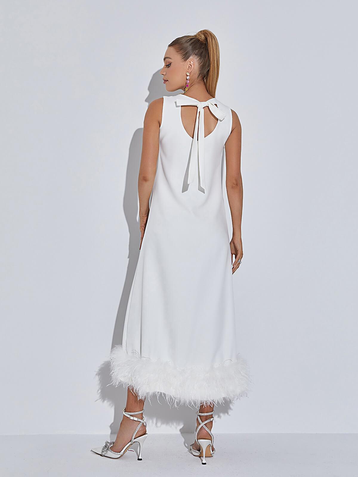 Nisha Feather Midi Dress In White - Mew Mews Fashion