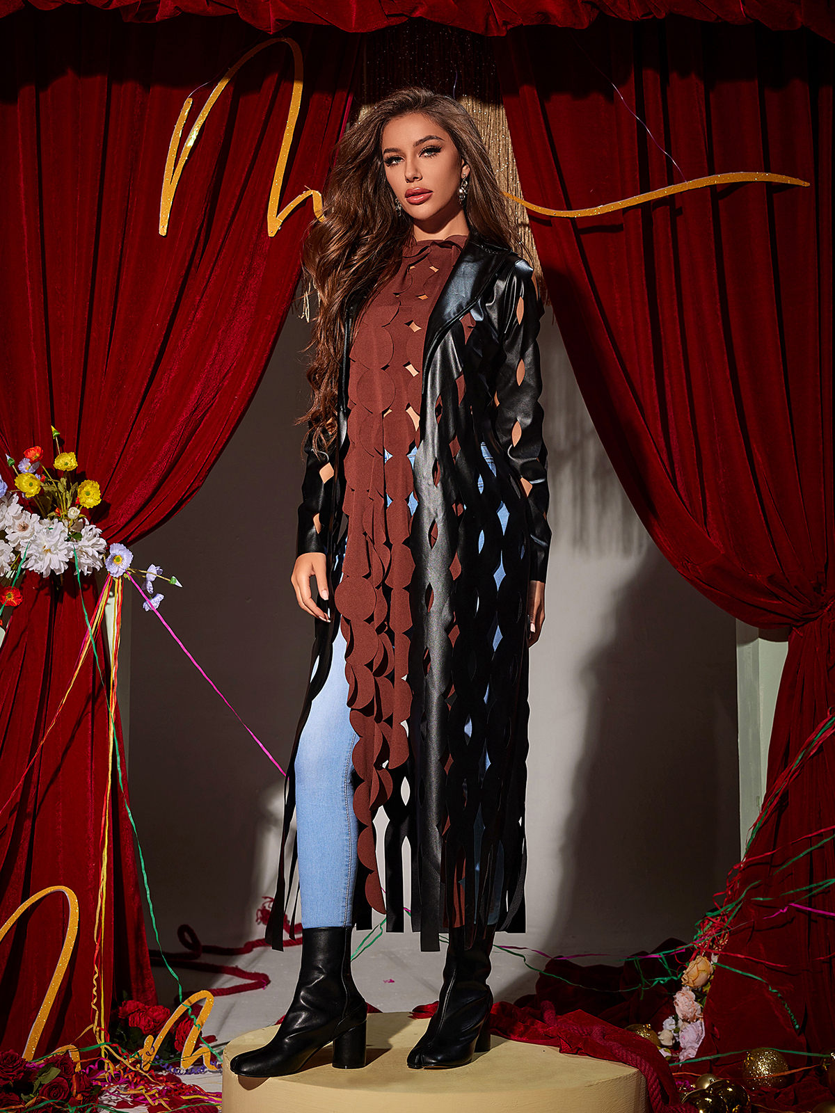 Nyx Circle Hollow Leather Coat In Black