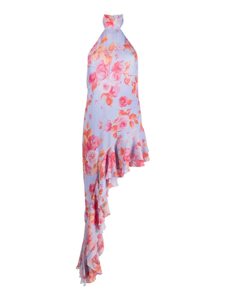 Raven Halterneck Floral Asymmetric Ruffle Dress