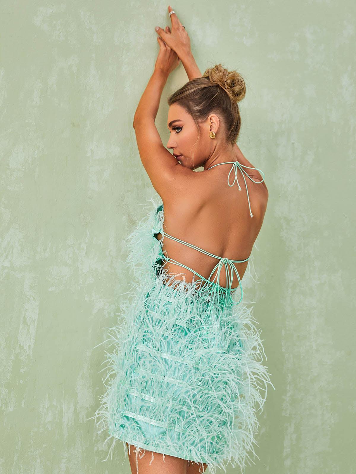 Shreya Feather Mini Dress In Mint - Mew Mews Fashion