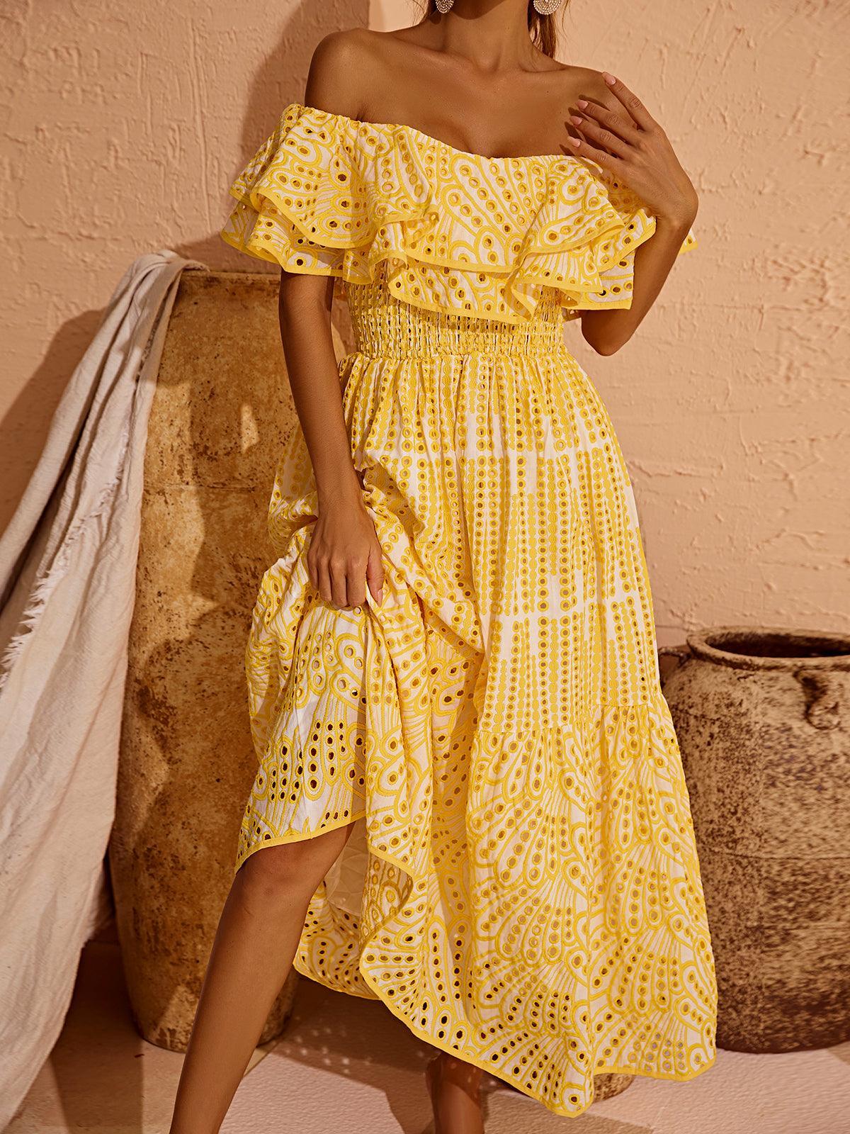 Soleil Off Shoulder Hollow Maxi Dress In Yellow - Mew Mews Fashion