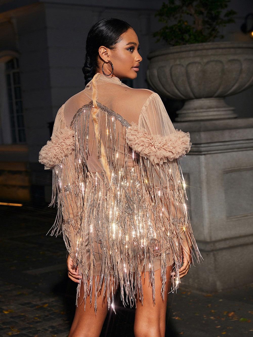 Sparrow Sequin Fringe Mini Dress In Champagne - Mew Mews Fashion