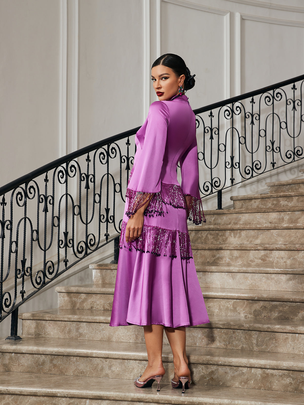 Thandie Glitter Fringe Satin Dress