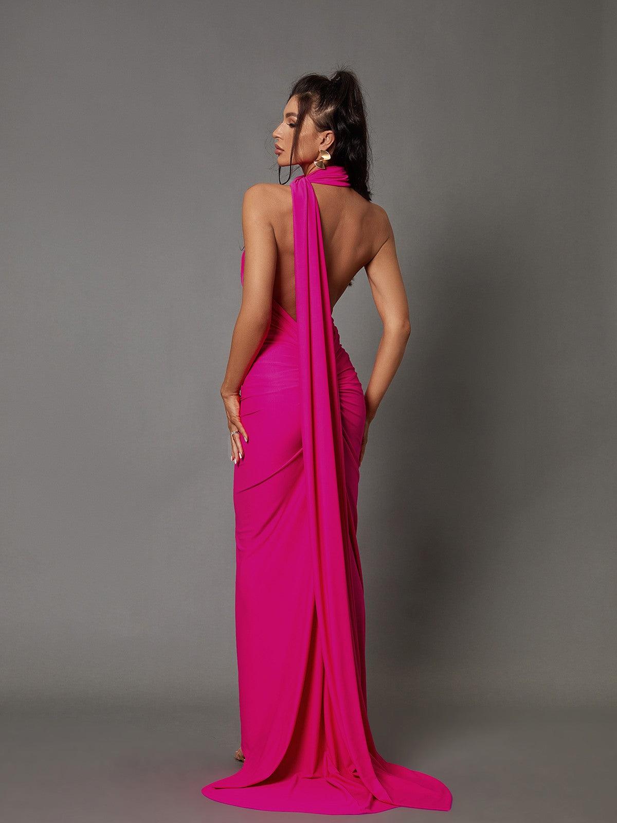 Jade Backless Maxi Dress In Hot Pink - Mew Mews Fashion