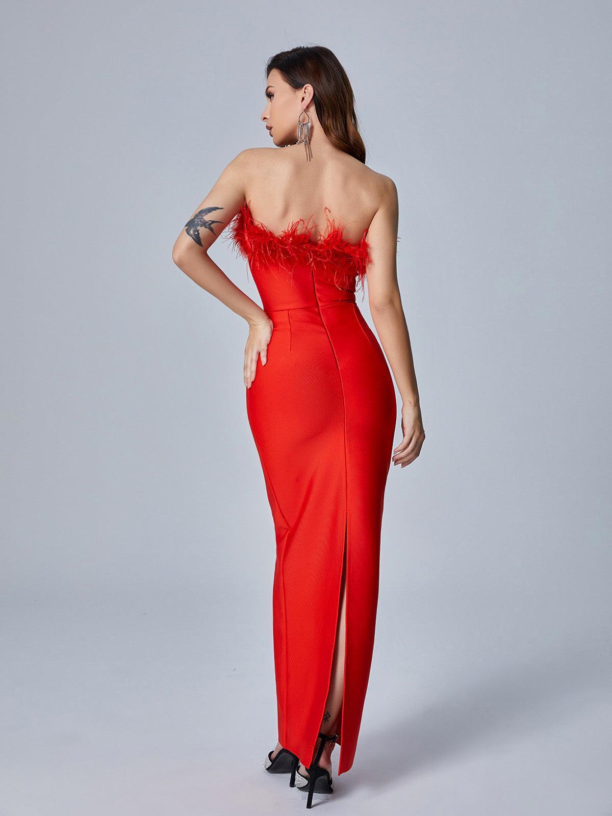 Mina Strapless Feather Trimmed Bandage Dress In Red - Mew Mews Fashion