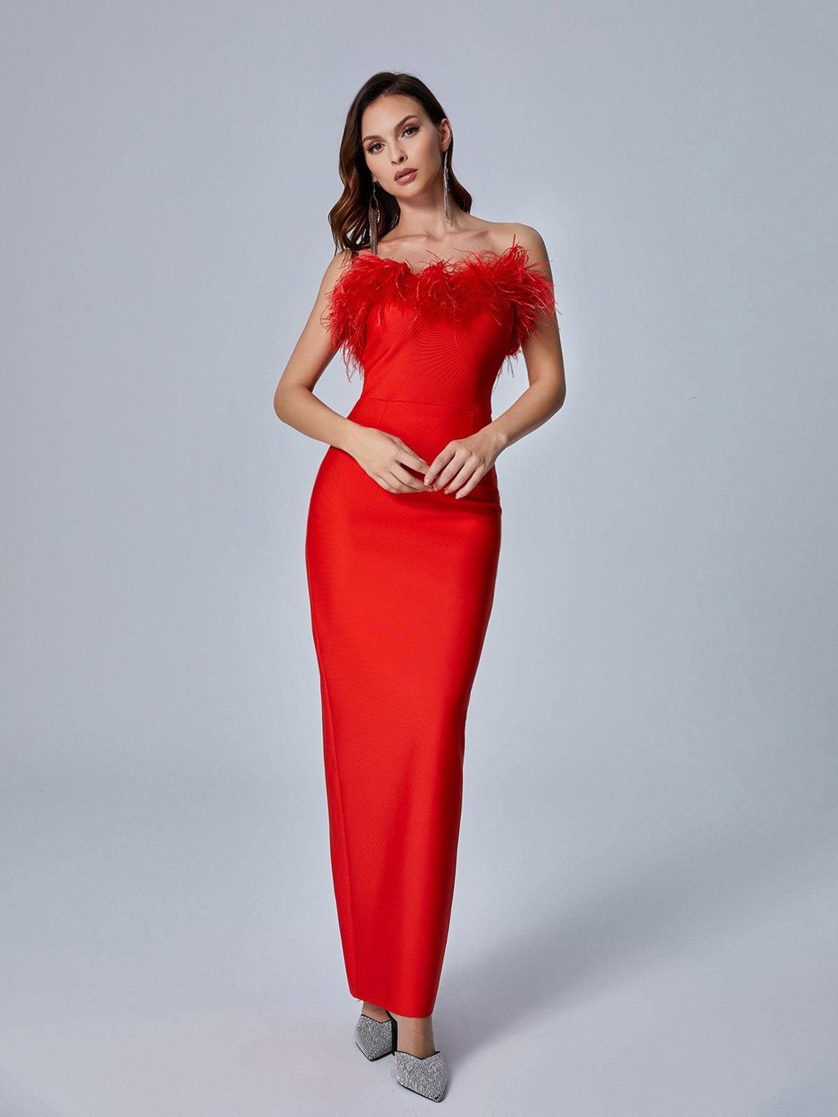 Mina Strapless Feather Trimmed Bandage Dress In Red - Mew Mews Fashion