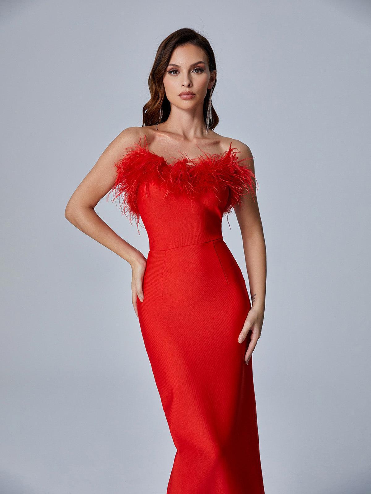 Mina Strapless Feather Trimmed Bandage Dress In Red - Mew Mews Fashion