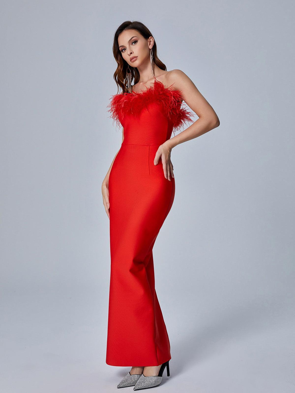 Mina Strapless Feather Trimmed Bandage Dress In Red - Mew Mews Fashion