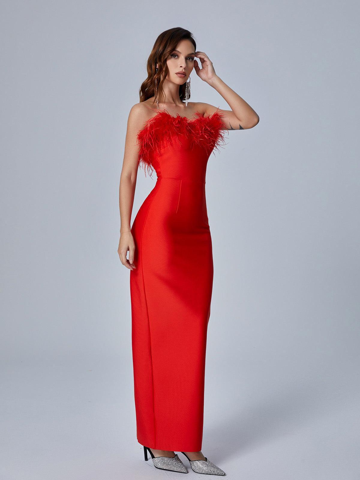 Mina Strapless Feather Trimmed Bandage Dress In Red - Mew Mews Fashion