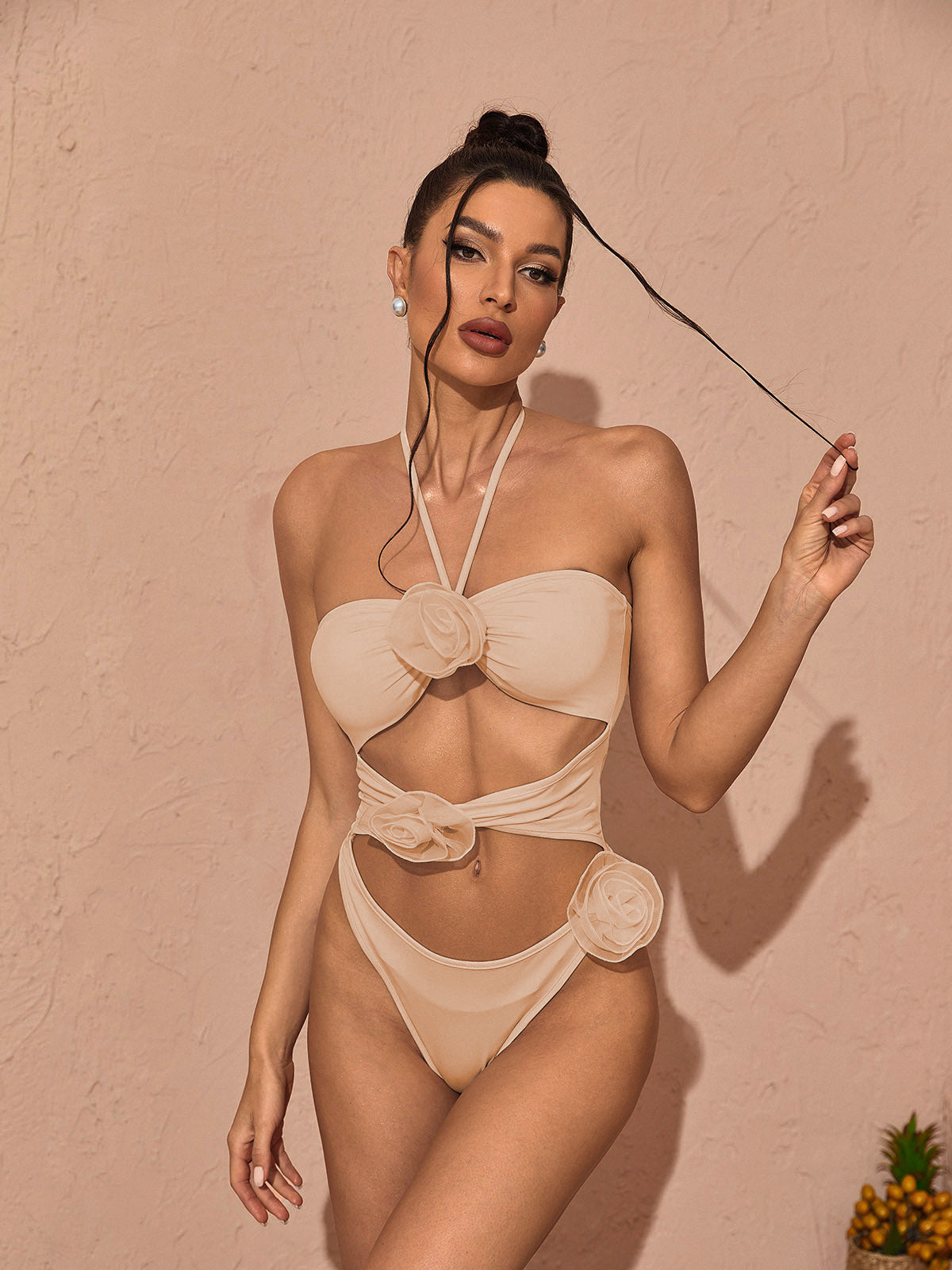 Addy Halterneck Cutout Embellished Swimsuit In Pink