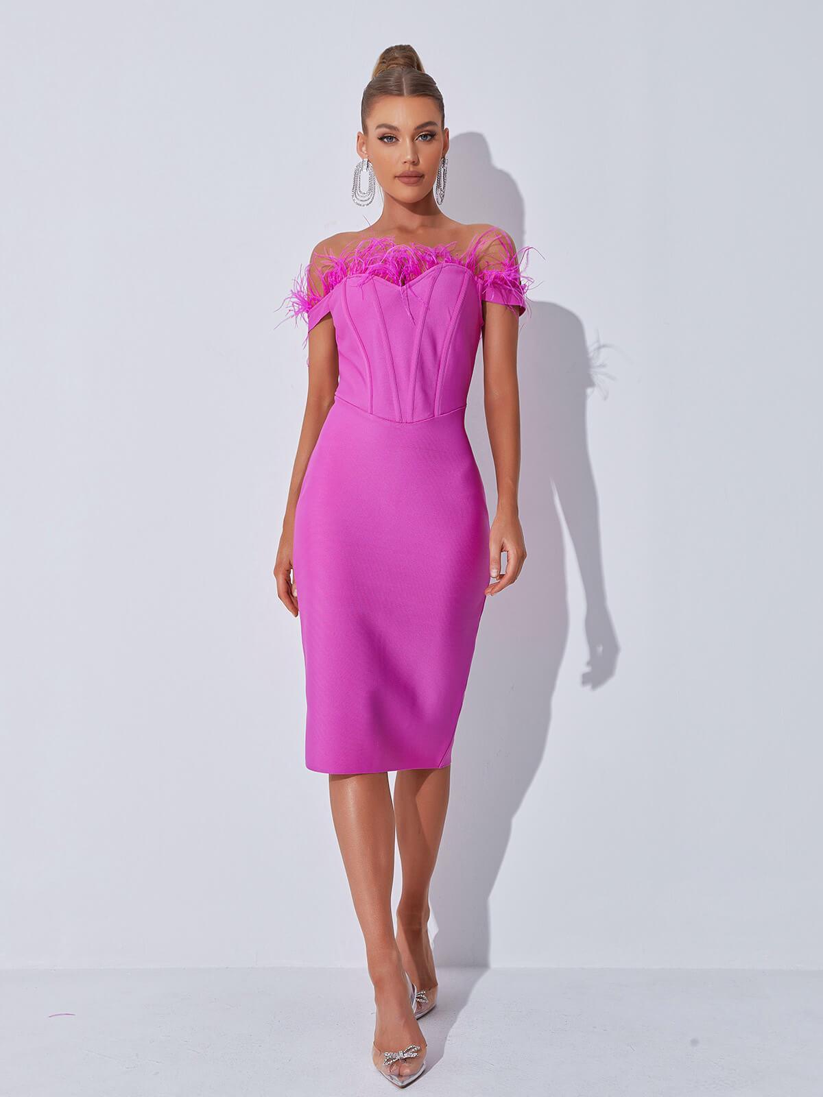 Aeliana Off Shoulder Feather Corset Bandage Dress - Mew Mews Fashion