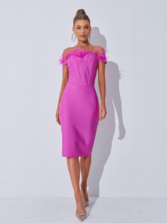 Aeliana Off Shoulder Feather Corset Bandage Dress - Mew Mews Fashion