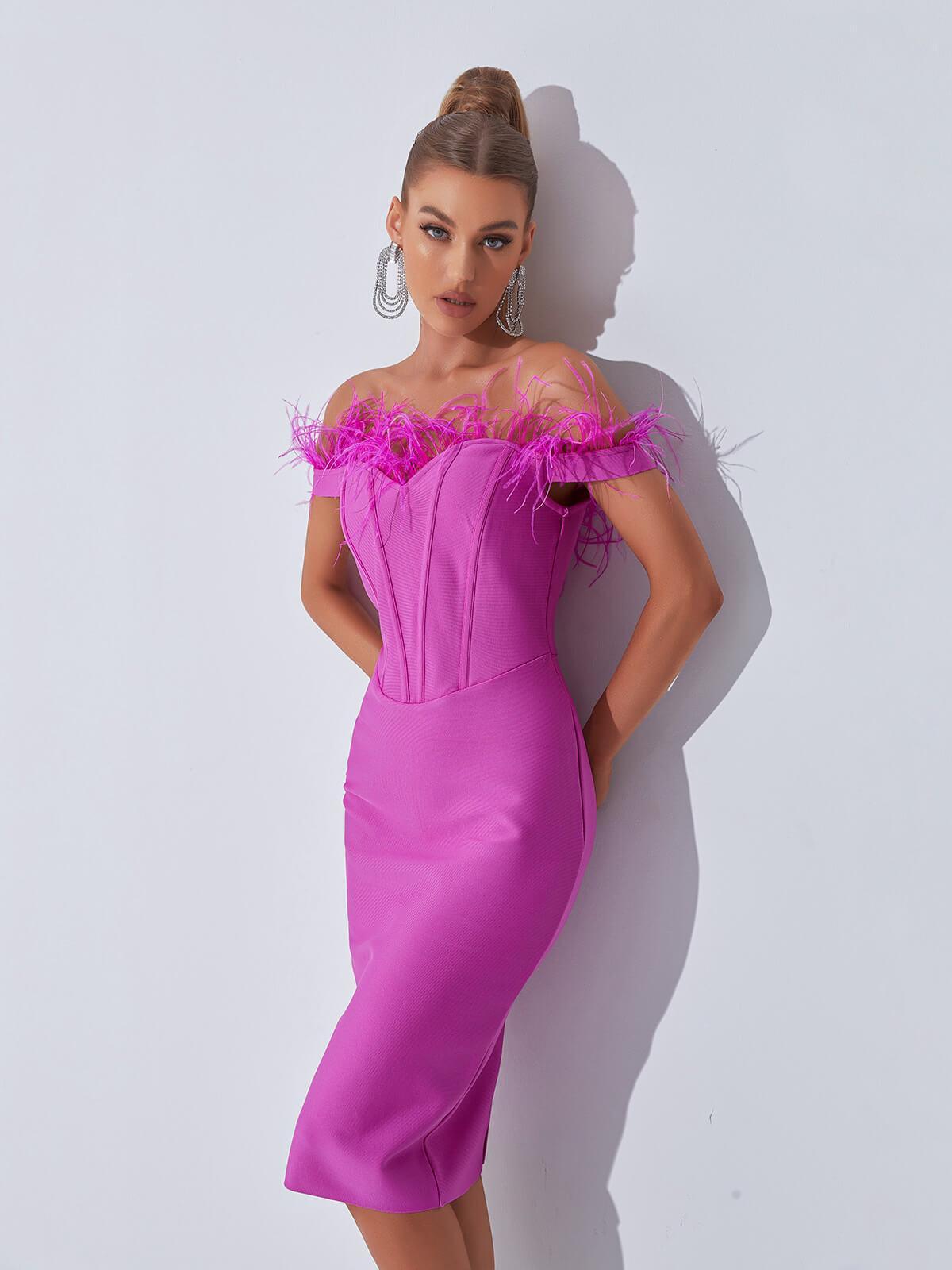 Aeliana Off Shoulder Feather Corset Bandage Dress - Mew Mews Fashion