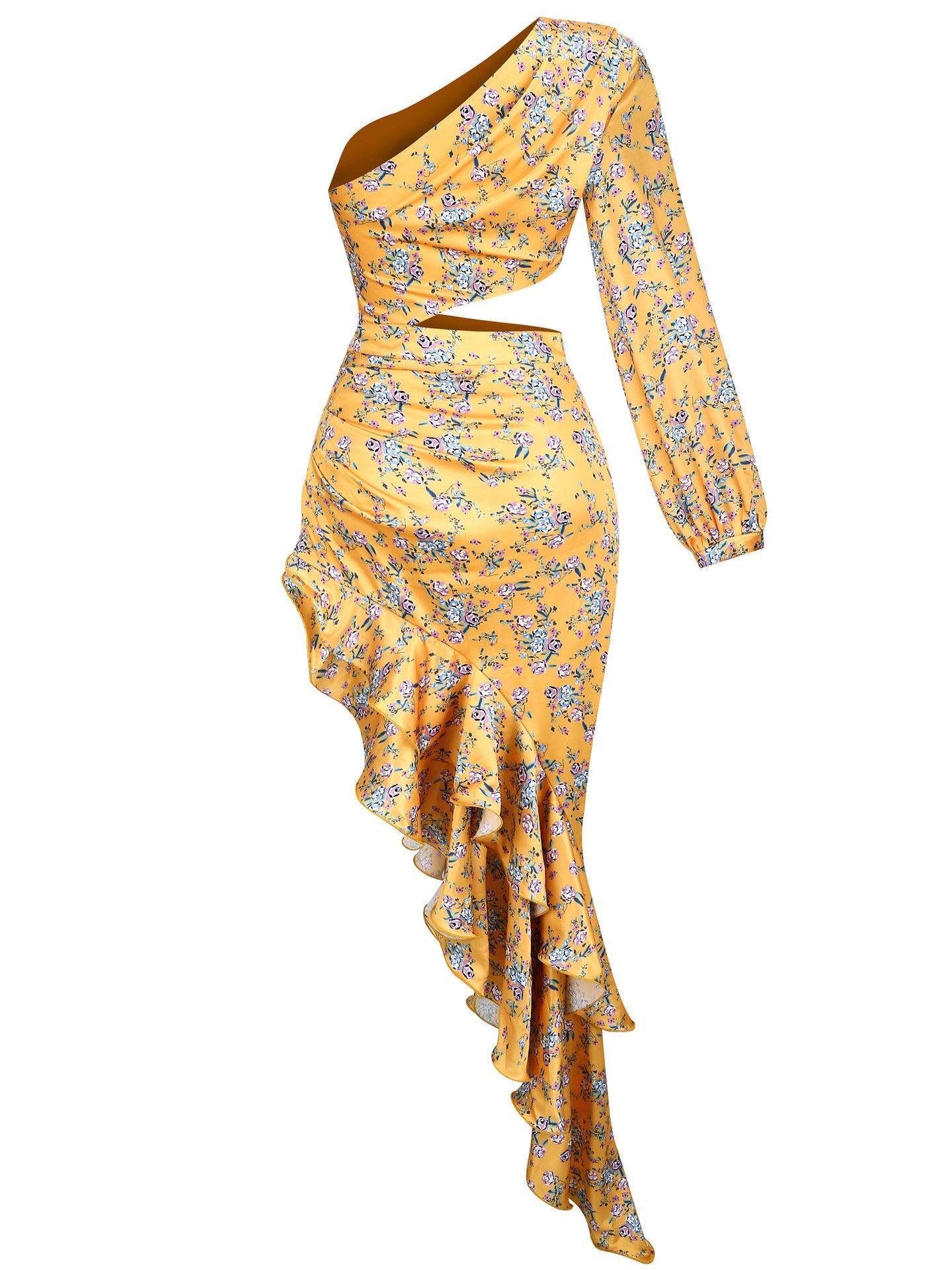 Aiyana One Shoulder Floral Maxi Dress In Yellow - Mew Mews Fashion
