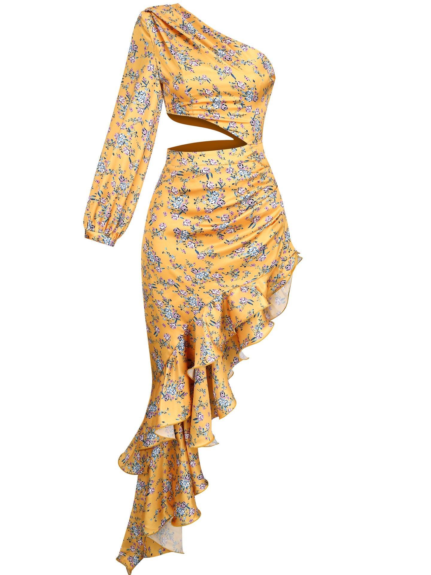 Aiyana One Shoulder Floral Maxi Dress In Yellow - Mew Mews Fashion