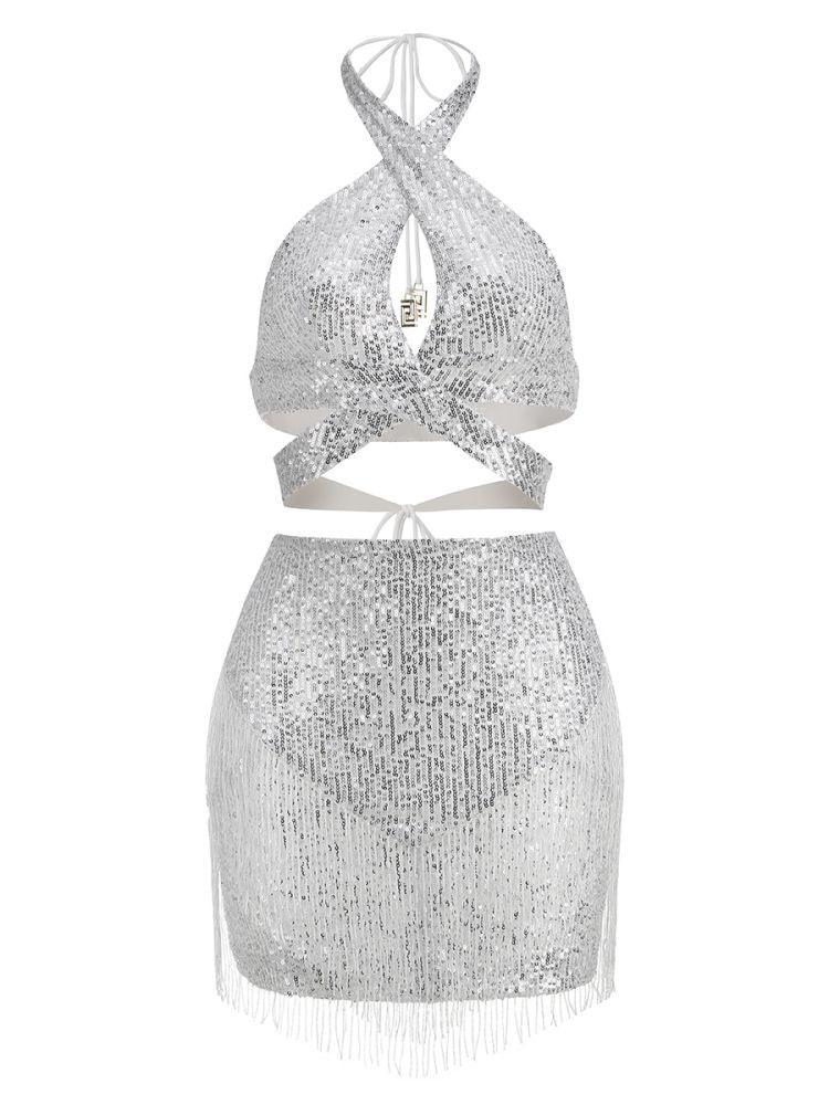 Altalune Halterneck Sequin Skirt Set In Silver - Mew Mews Fashion