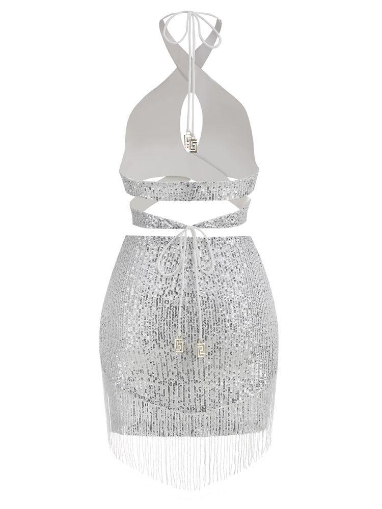 Altalune Halterneck Sequin Skirt Set In Silver - Mew Mews Fashion