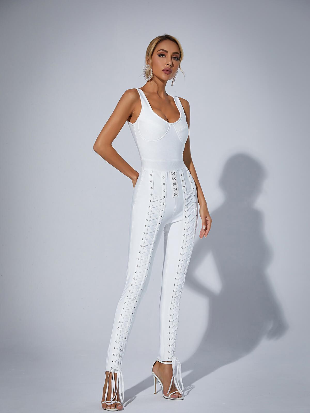 Amiyah Eyelet Lace Up Detail Jumpsuit In White - Mew Mews Fashion