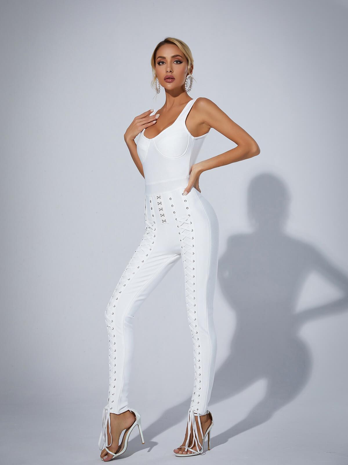 Amiyah Eyelet Lace Up Detail Jumpsuit In White - Mew Mews Fashion