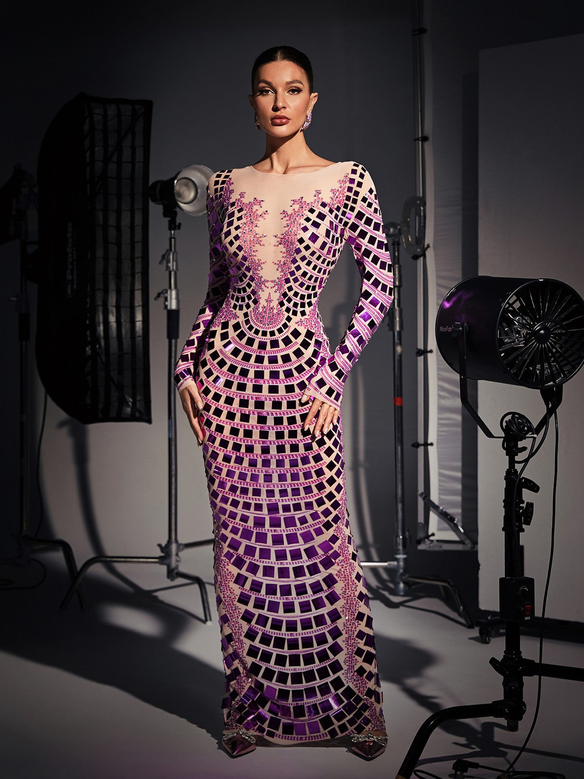 Angie Long Sleeve Curve Embellished Maxi Dress