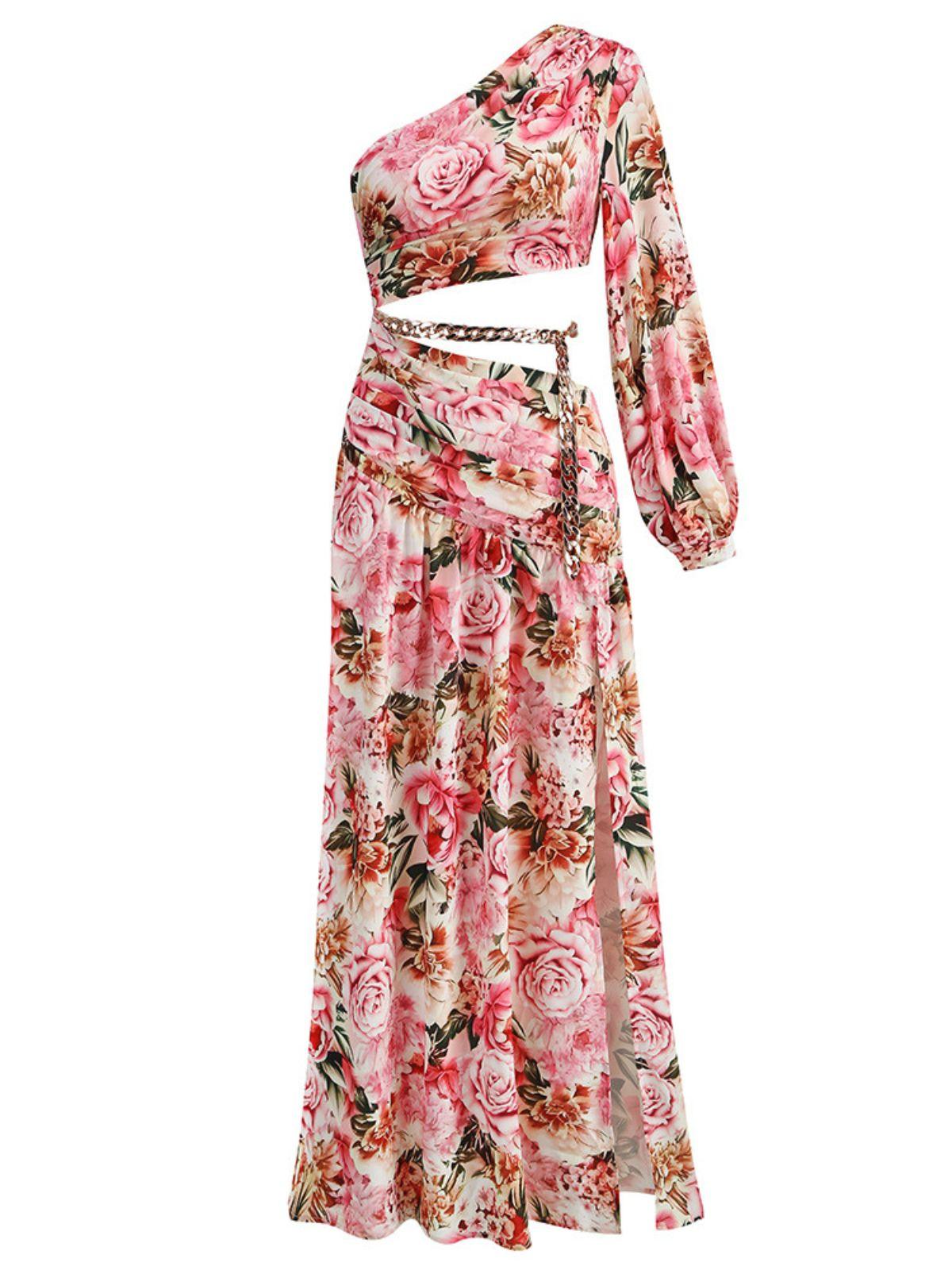 Annabella One Shoulder Floral Cutout Maxi Dress In Pink - Mew Mews Fashion