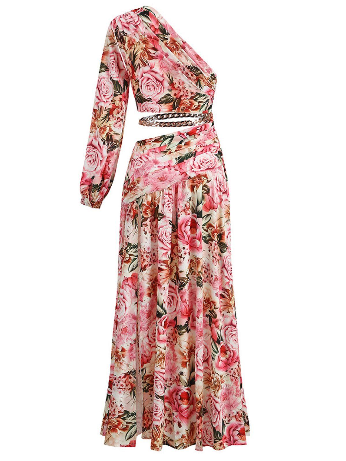 Annabella One Shoulder Floral Cutout Maxi Dress In Pink - Mew Mews Fashion