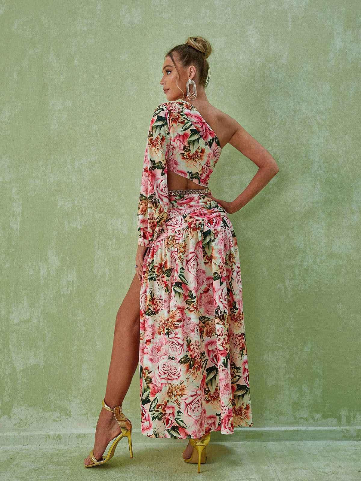 Annabella One Shoulder Floral Cutout Maxi Dress In Pink - Mew Mews Fashion