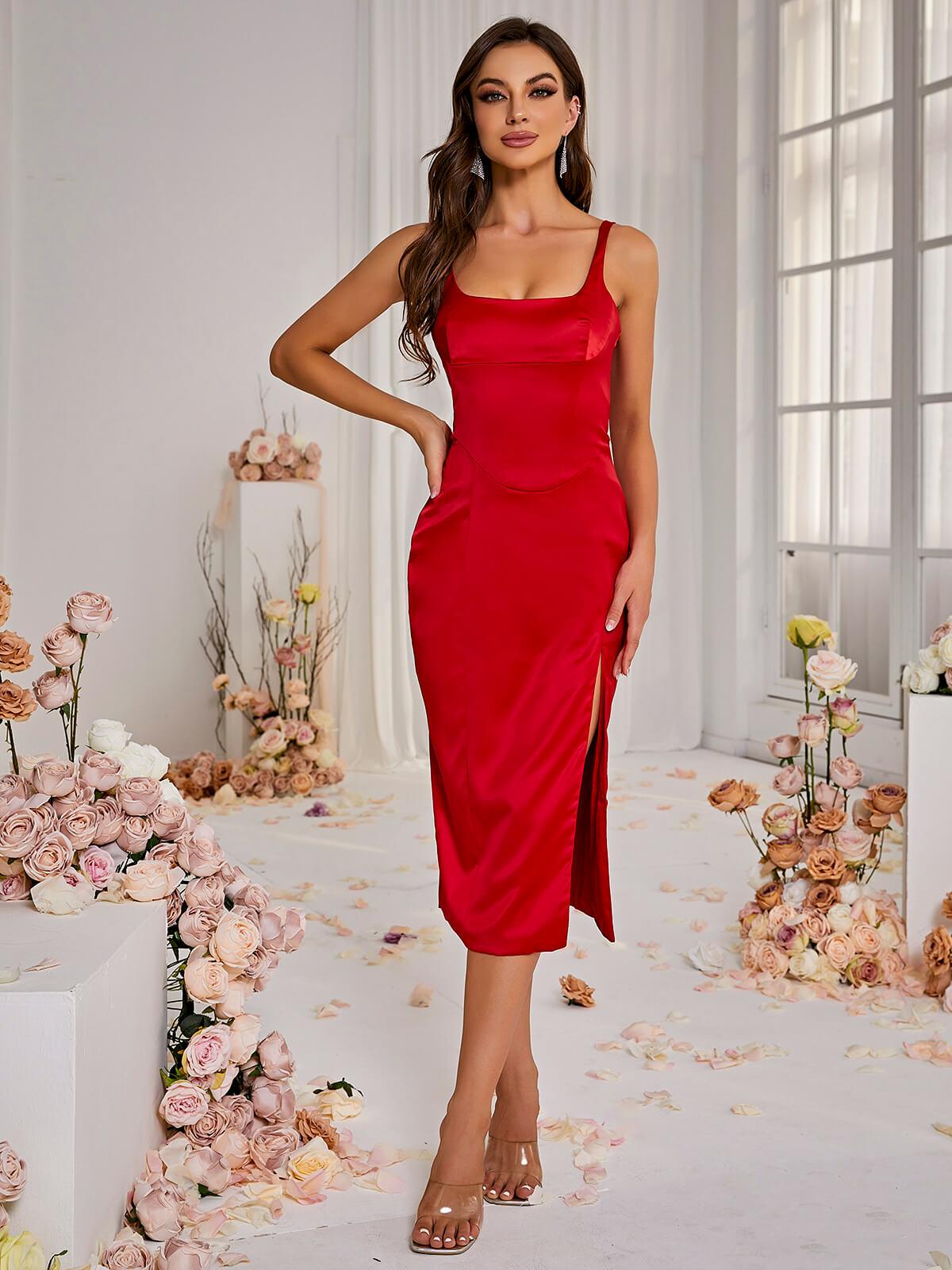 Annie Satin Midi Dress In Wine