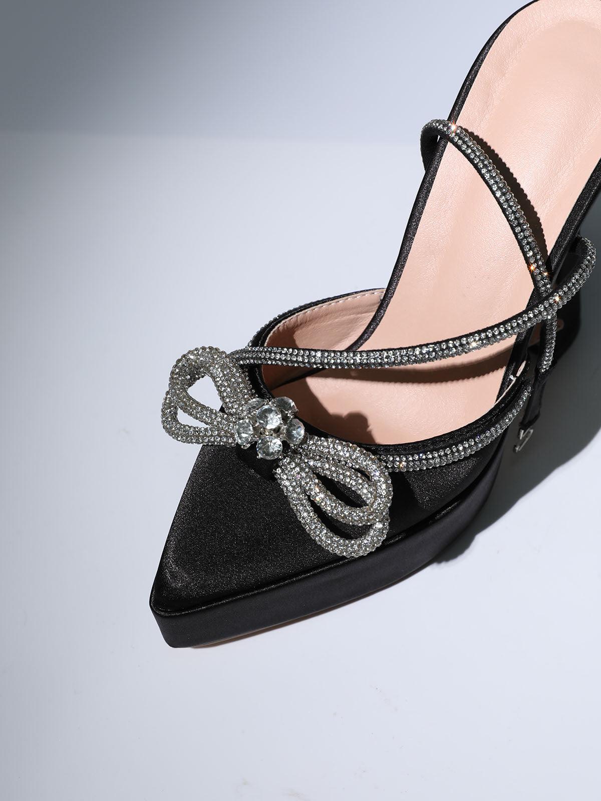 Anouk Bow Crystal Satin Heels In Black - Mew Mews Fashion