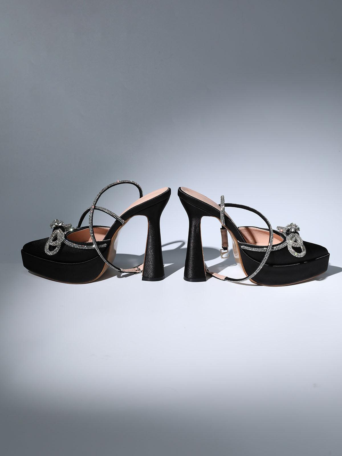 Anouk Bow Crystal Satin Heels In Black - Mew Mews Fashion